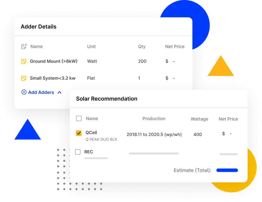 Solar proposal software with financing and system adders — SubcontractorHub EasyQuote showing battery, MPU and panel upgrade options with monthly payment impact